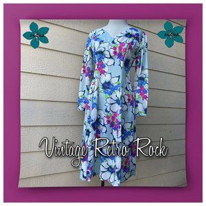 Vintage Retro Magnolia Dress Floral Short Long Sleeve A-Line Blue White M